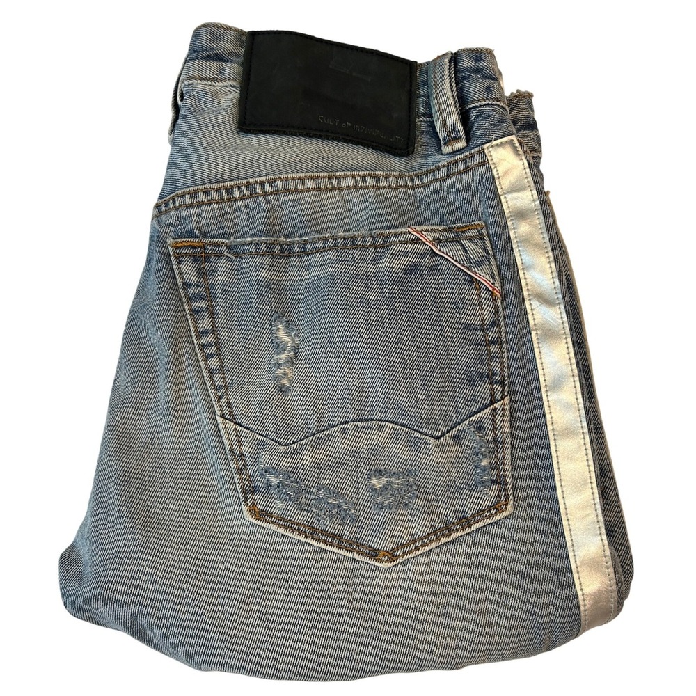 Cult of Individuality Rocker Slim Jeans 33 Mens Blue Distressed Side Stripe